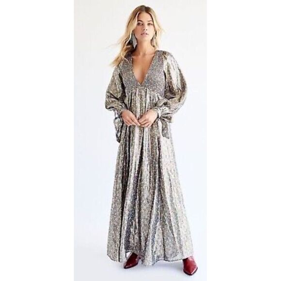 NWT Free People Luxalina Maxi Dress‎ Sz M Metallic Floral...